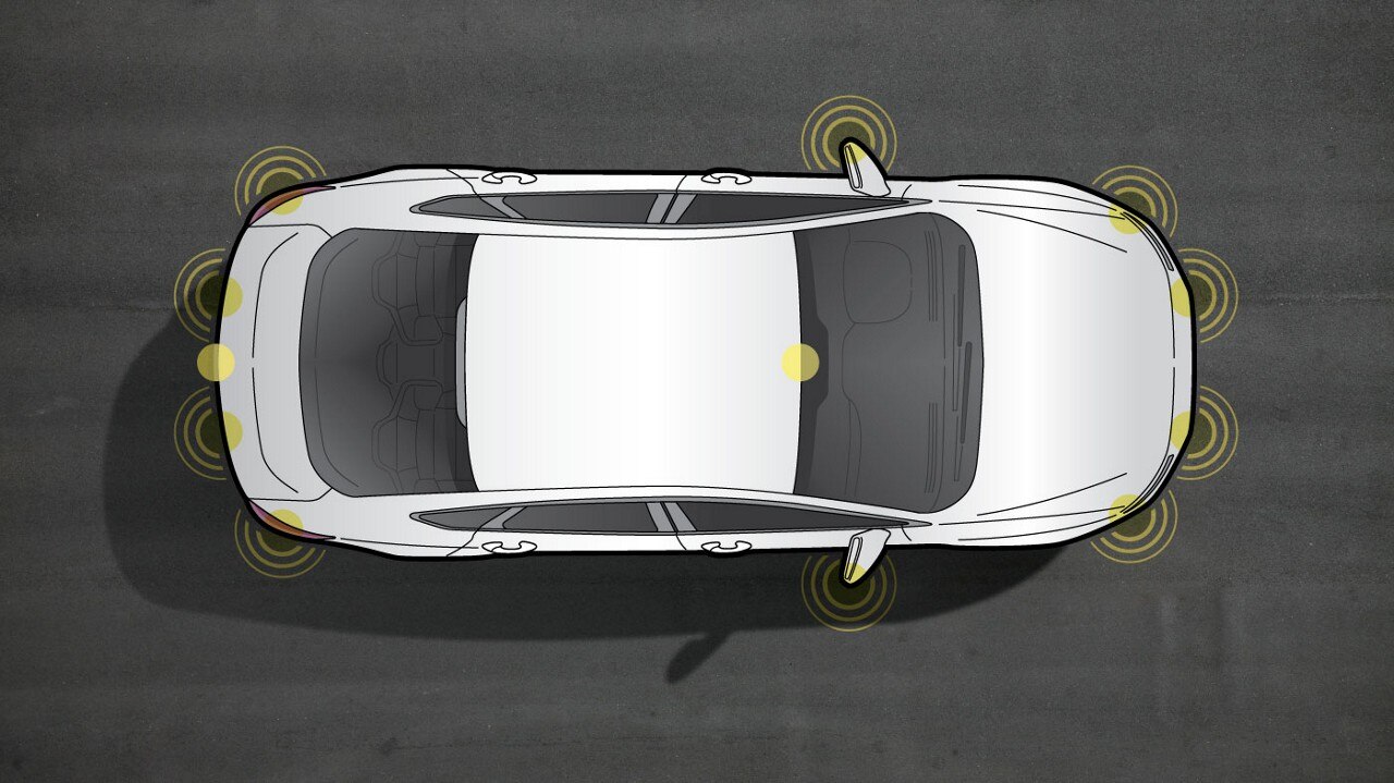 A graphic image showing the top of a car with indications of where various sensors are located.