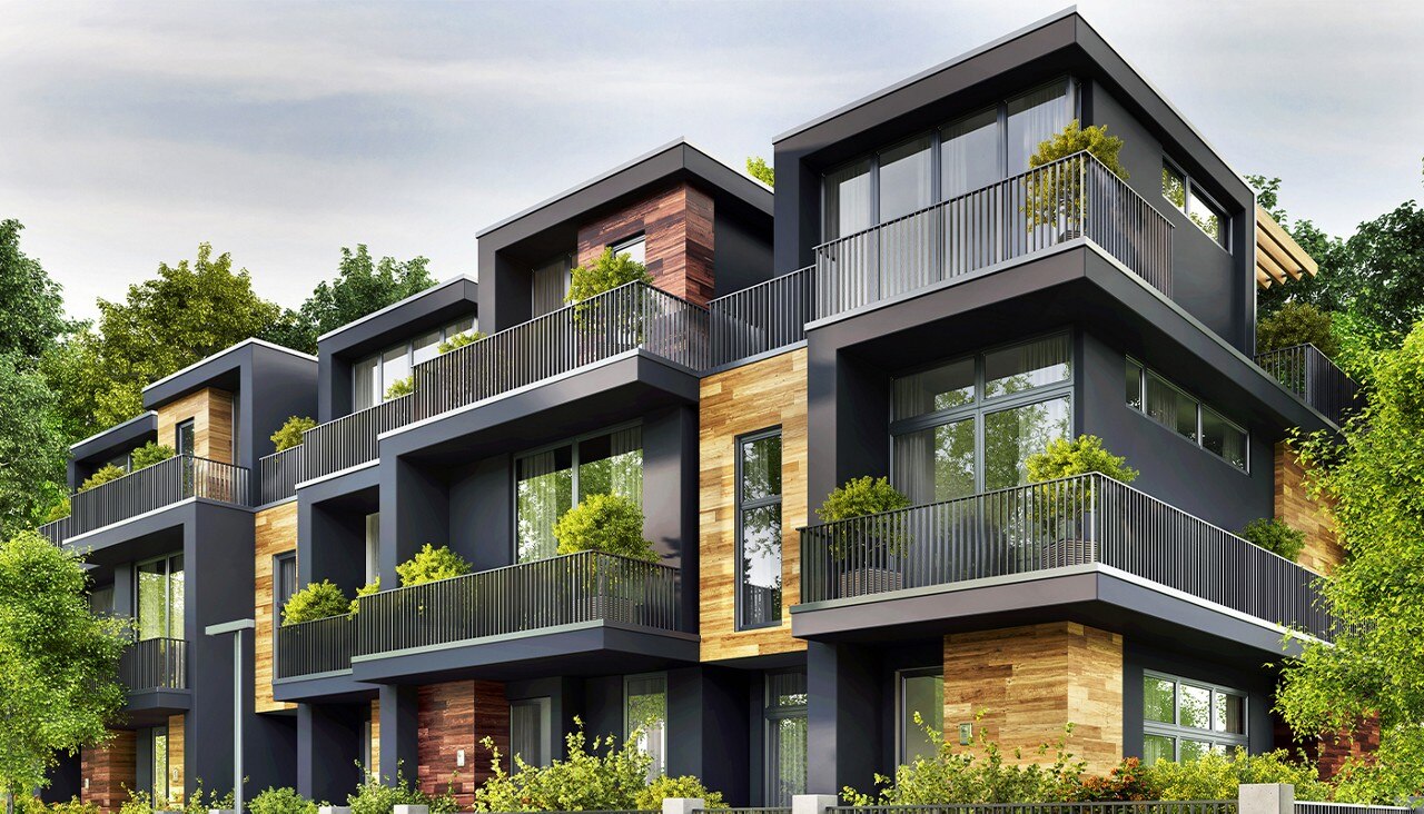 A modern gray and wood exterior condo building