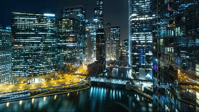 Video time lapse of the many high rise buildings along the Chicago river at night