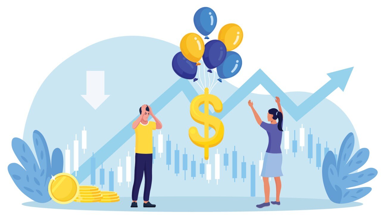 Illustration showing air balloons tied to dollar sign rising up as man and woman watch.